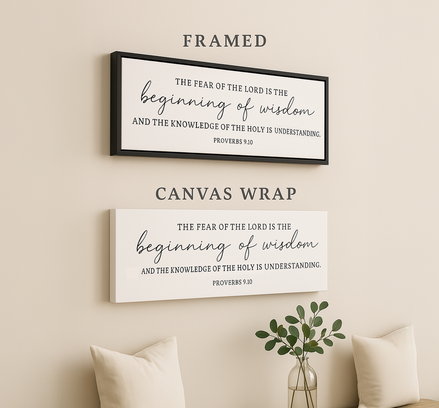 a couple of signs on a wall above a table