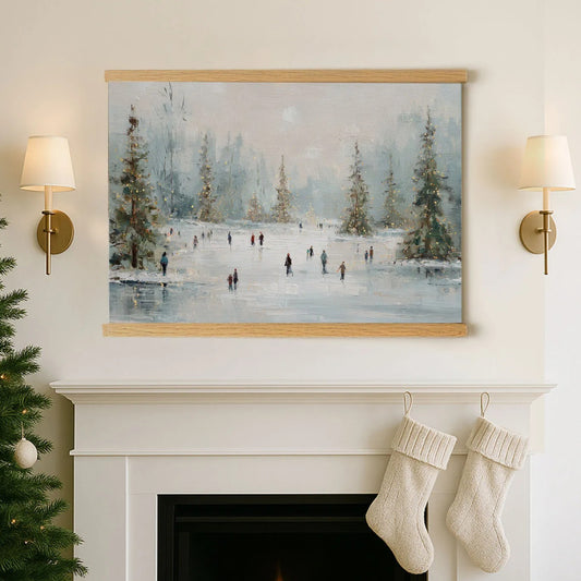 a cozy fireplace with a painting of people ice skating on a frozen lake hanging above it. The painting is framed in wood and has a warm, inviting atmosphere. Two white stockings are hanging from the mantle below the painting, adding a festive touch to the scene.