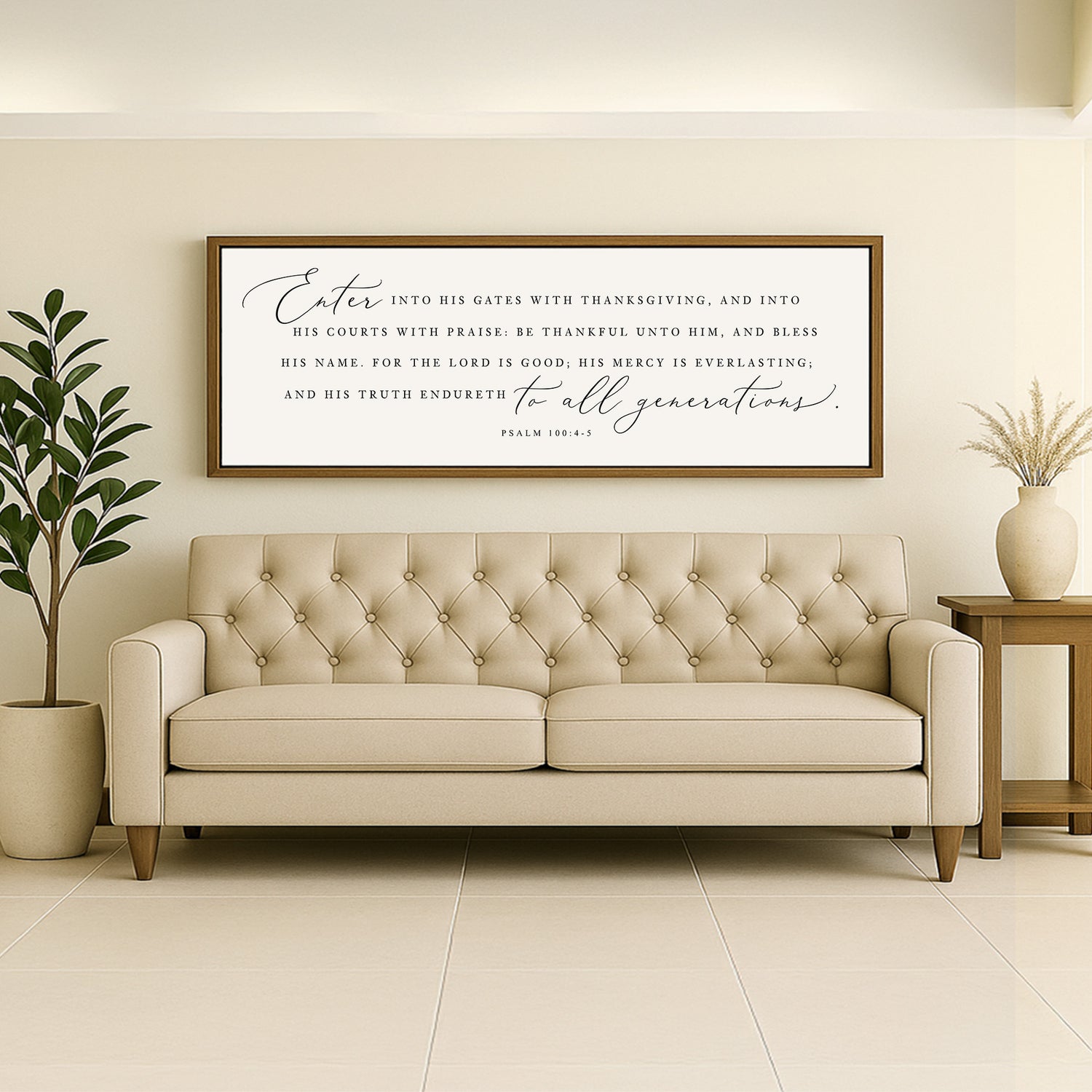 a living room with a couch and potted plant