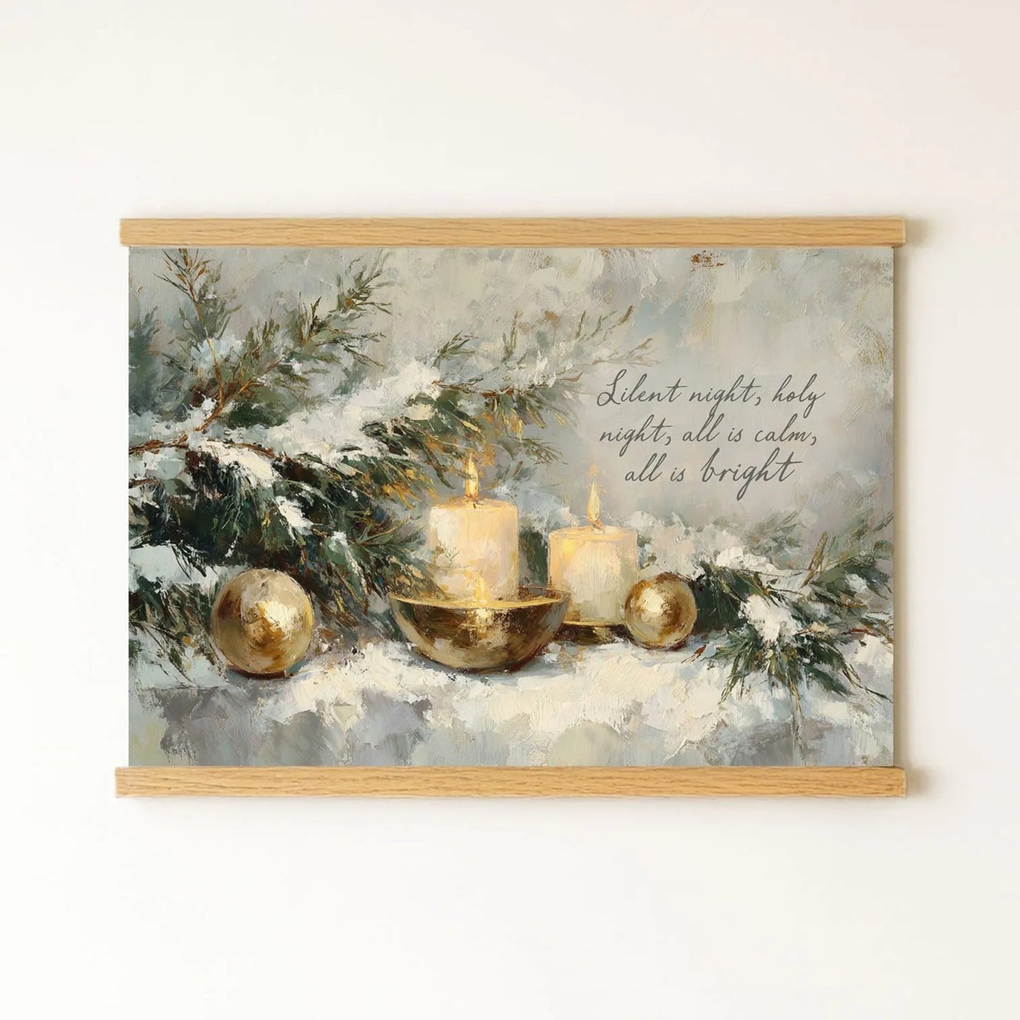 The image is a painting depicting a winter scene with candles, ornaments, and pine branches. The painting is framed and hung on a wall.
