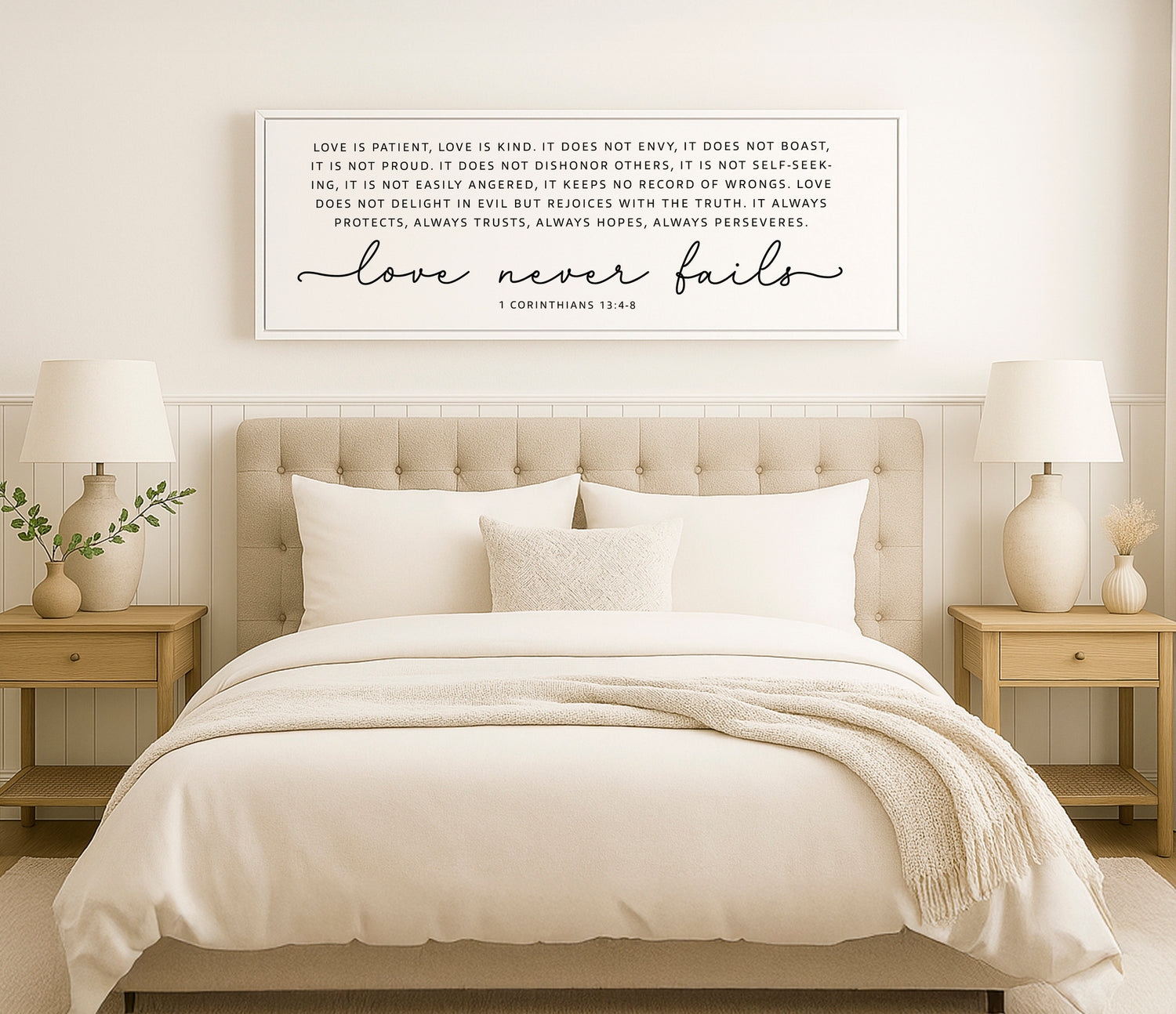 a bed with a white comforter and pillows