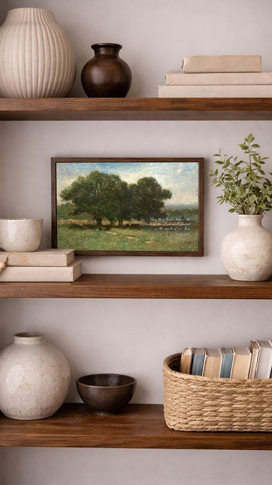 a wooden bookshelf with various decorative items and books arranged on the shelves. The bookshelf has three shelves, and there are several vases, a painting, and a basket of books displayed on the shelves.