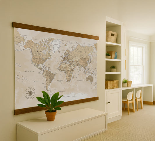 a large world map hanging on a wall, with a potted plant placed in front of it. The room also includes a bookshelf, a desk, and a window.