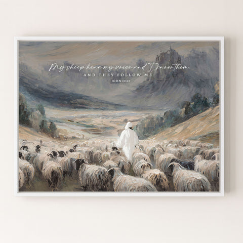 a shepherd walking through a flock of sheep, with a castle visible in the background.