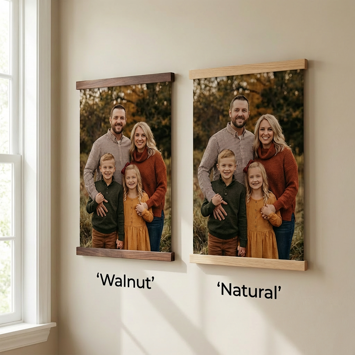 Two framed family photos are hanging on a wall, one labeled "Walnut" and the other "Natural".