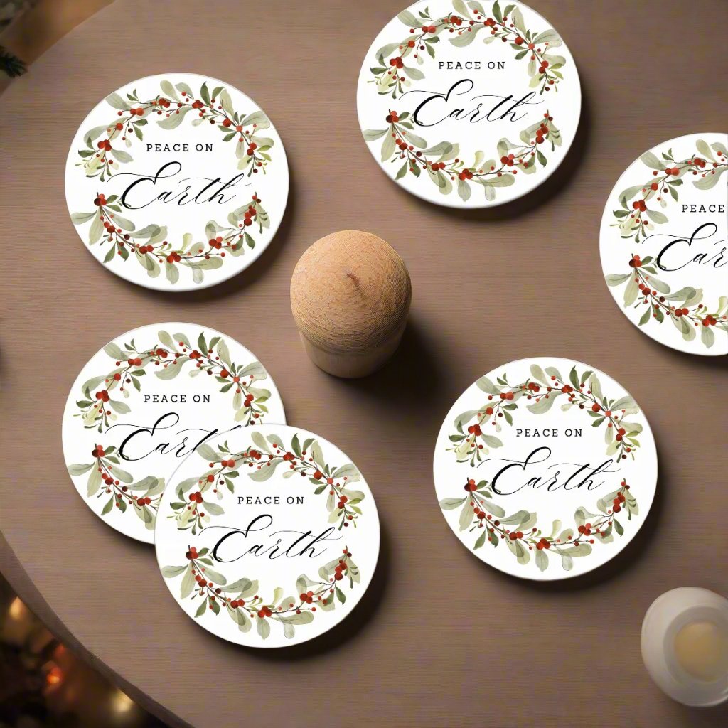 Set of 6 Ceramic "Peace on Earth" Christmas Coasters