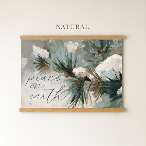 The image is a framed painting depicting a branch of pine trees with snow on it, accompanied by the text 