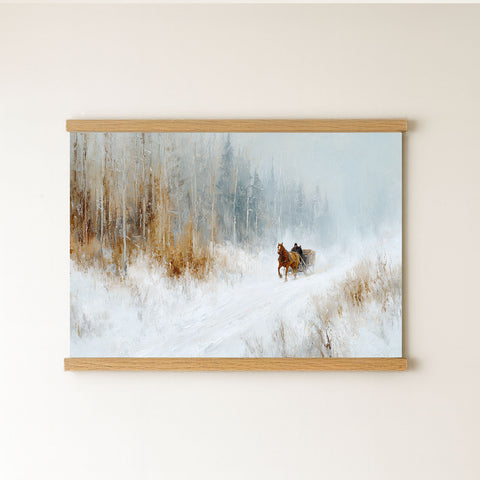 A painting of a horse-drawn sleigh traveling through a snowy forest.