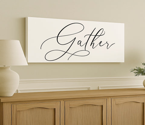 a white canvas with the word gather on it