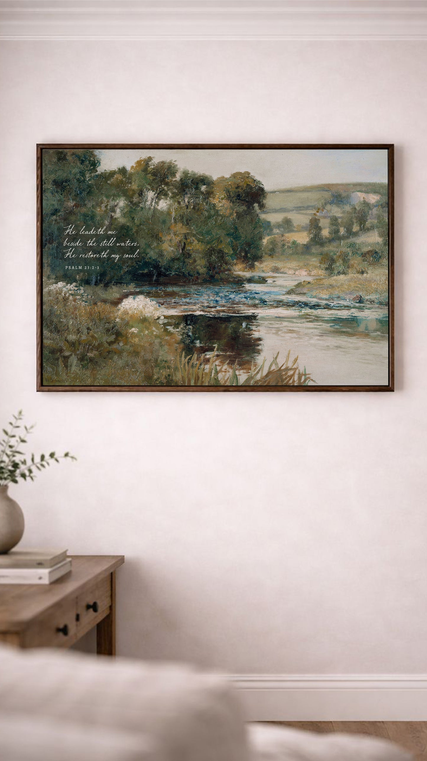 a painting of a serene landscape with a river, trees, and a peaceful atmosphere.