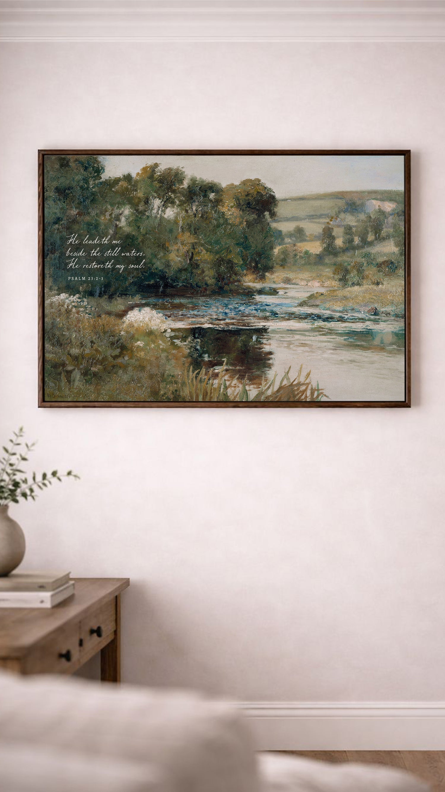 a painting of a serene landscape with a river, trees, and a peaceful atmosphere.