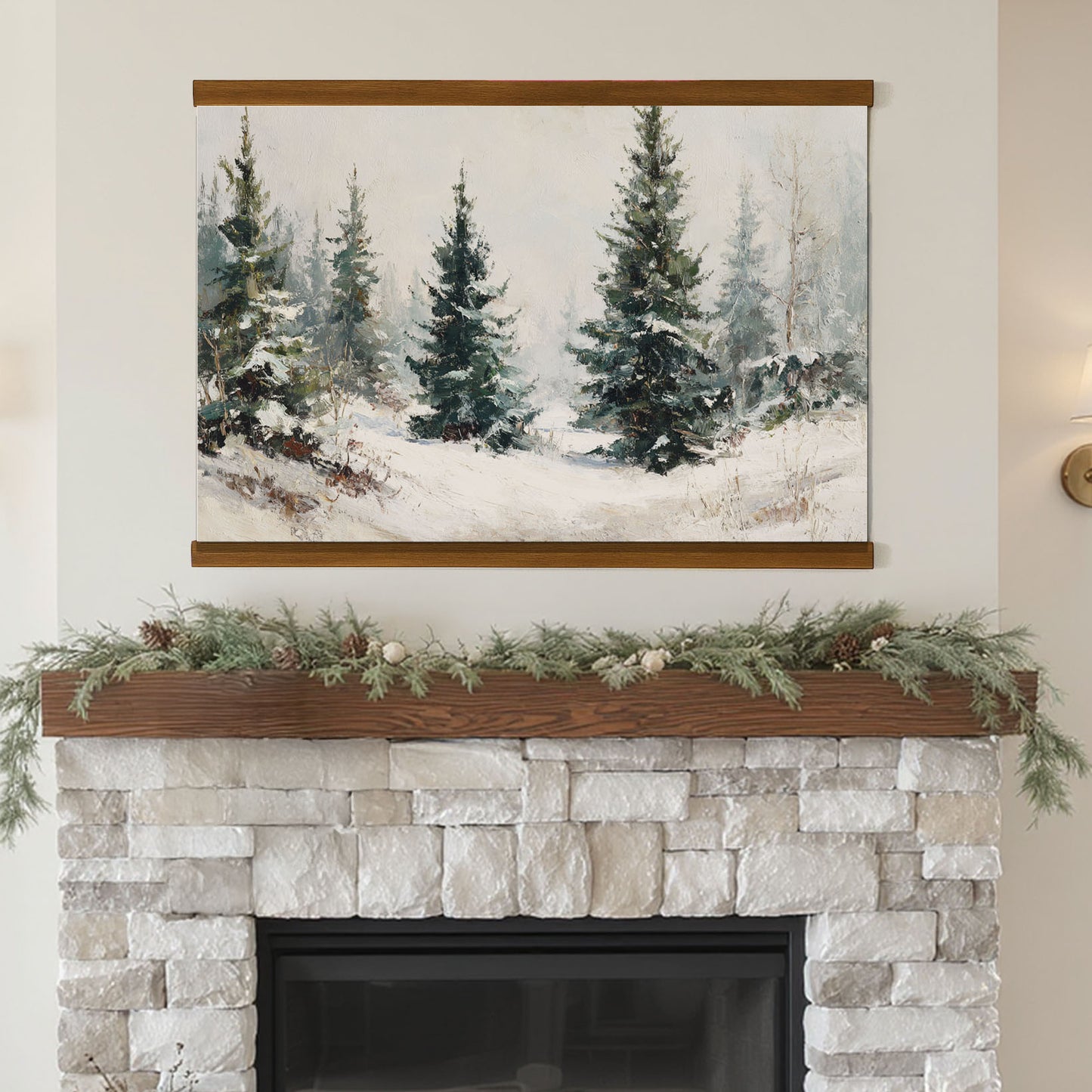 a fireplace with a painting of a snowy forest scene hanging above it. The painting is framed and mounted on the wall above the fireplace.