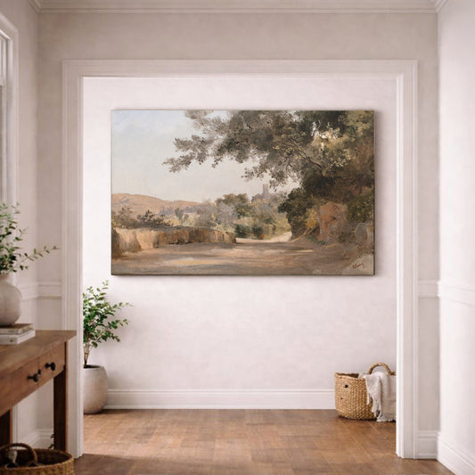 a large landscape painting hanging on a white wall in a hallway.