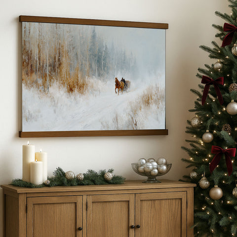 a cozy Christmas scene with a framed painting of a horse-drawn sleigh on a snowy path, a wooden cabinet with a bowl of silver ornaments, and a decorated Christmas tree with red bows.