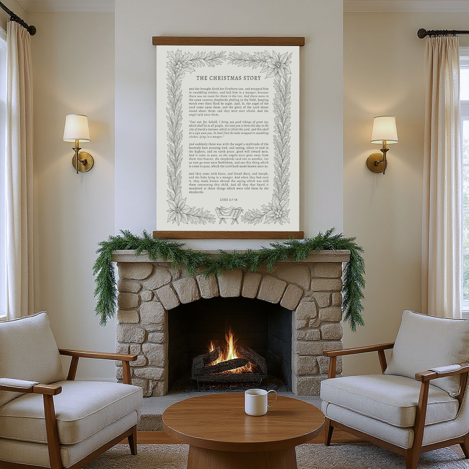 a cozy living room with a fireplace, two armchairs, and a coffee table. The fireplace is lit, creating a warm and inviting atmosphere.