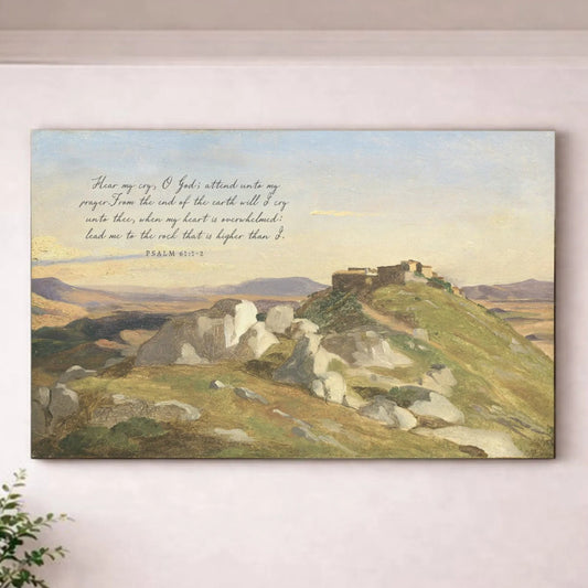 a large painting of a mountainous landscape hanging on a wall in a room with a wooden floor.