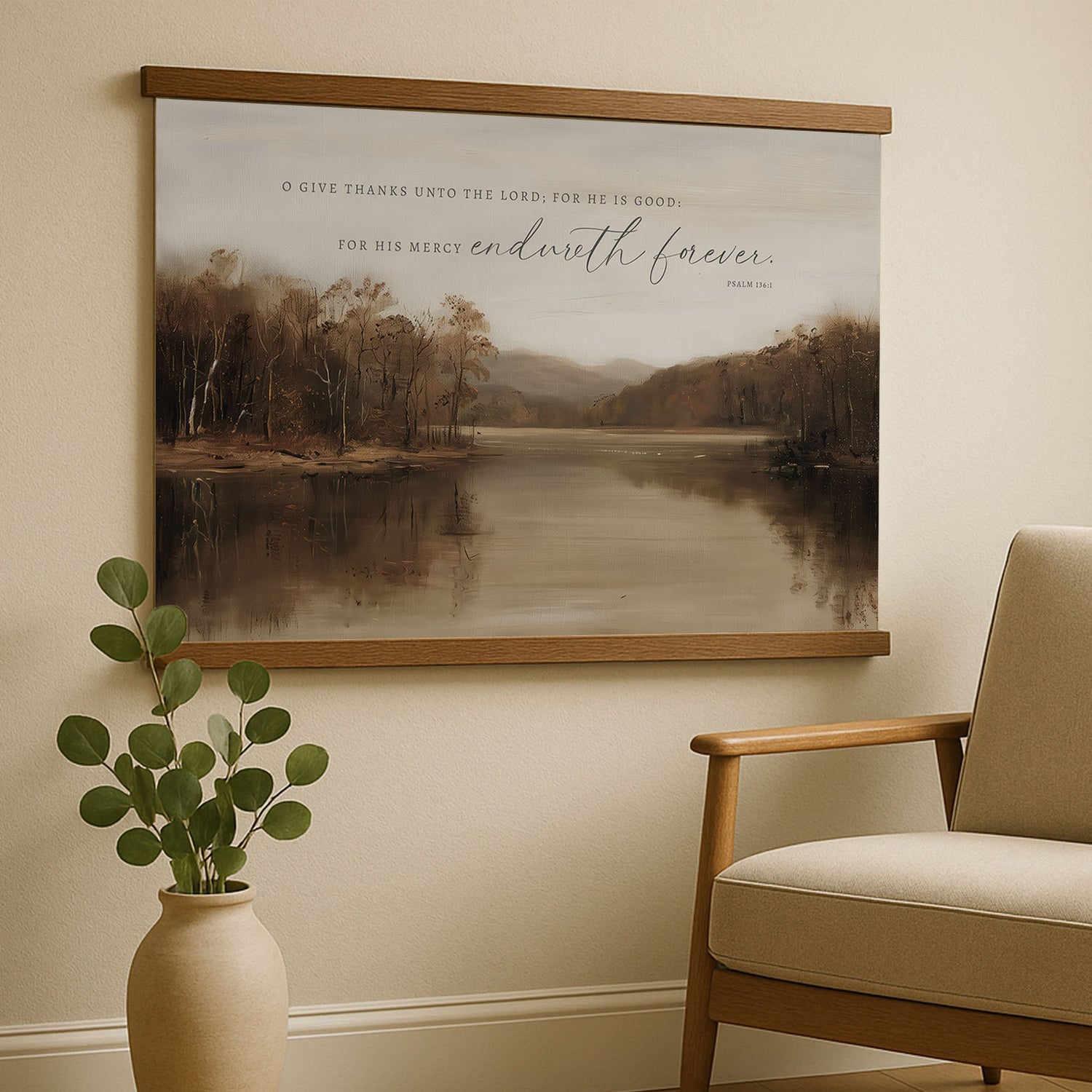 a serene landscape with a lake and trees, framed by a wooden border. The text above the image reads "O give thanks unto the Lord, we are good. For his Mercy endures forever."