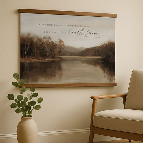 a serene landscape with a lake and trees, framed by a wooden border. The text above the image reads 