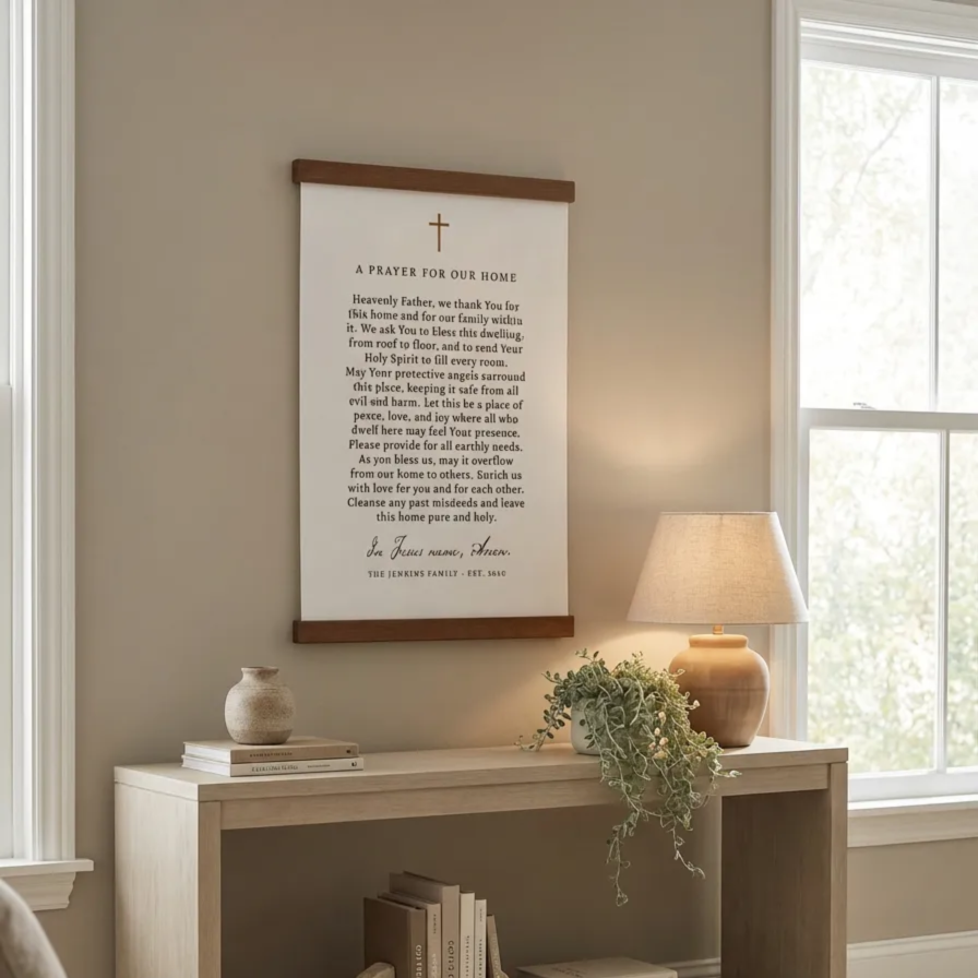 A serene living room with a wooden console table, a lamp, a plant, and a framed prayer for our home.