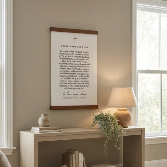 A serene living room with a wooden console table, a lamp, a plant, and a framed prayer for our home.