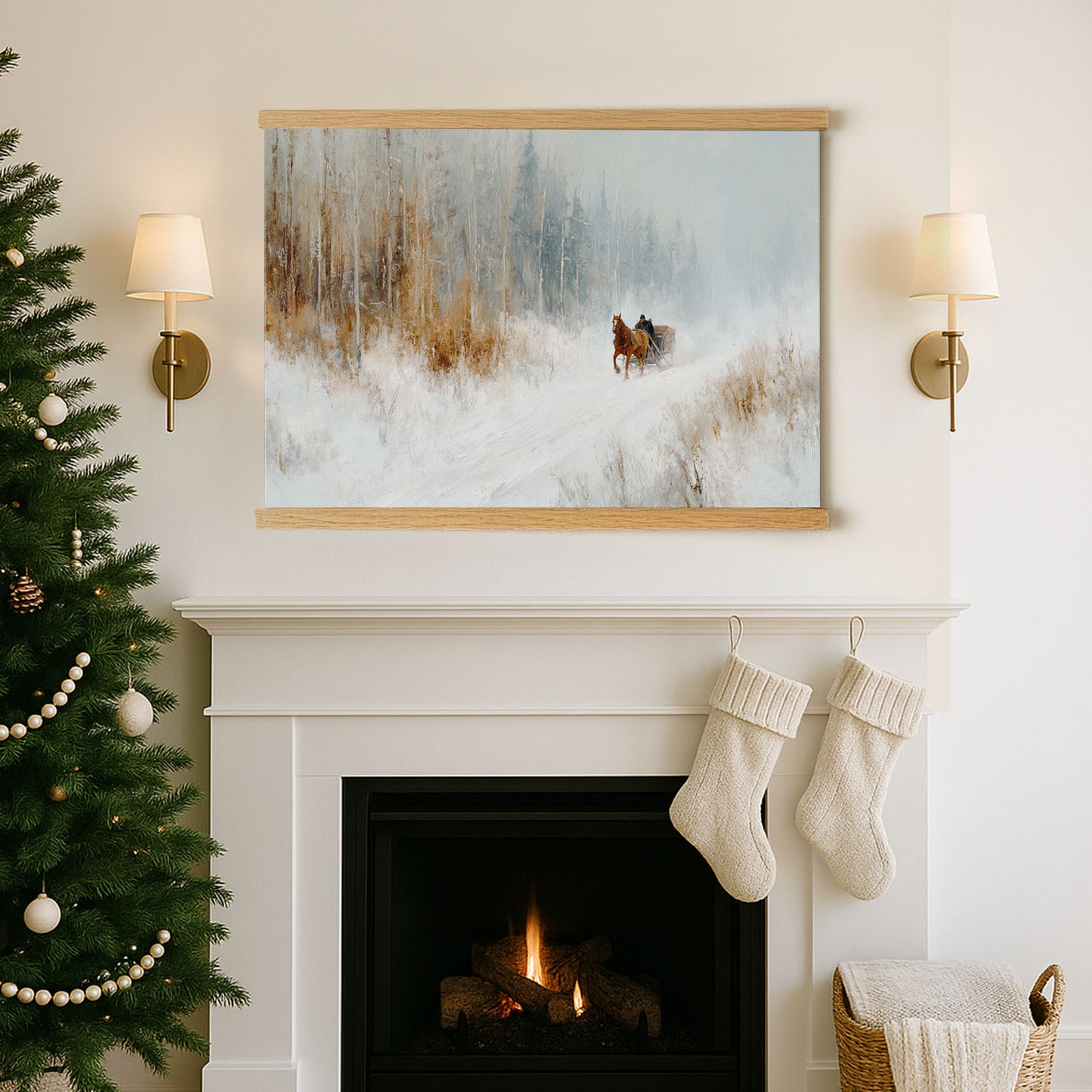 a cozy Christmas scene with a fireplace, a Christmas tree, and a painting of a couple riding a sleigh through a snowy forest.