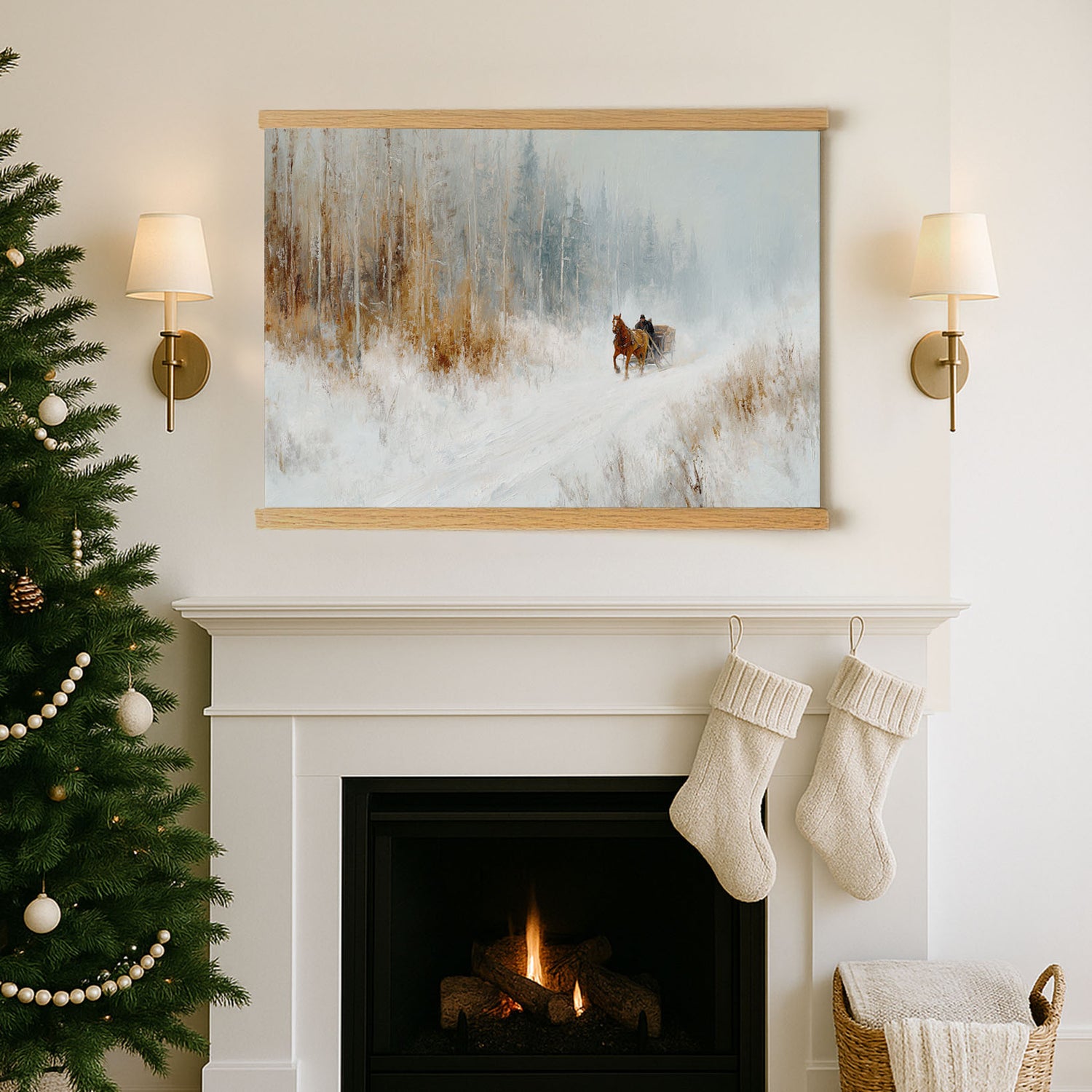 a cozy Christmas scene with a fireplace, a Christmas tree, and a painting of a couple riding a sleigh through a snowy forest.