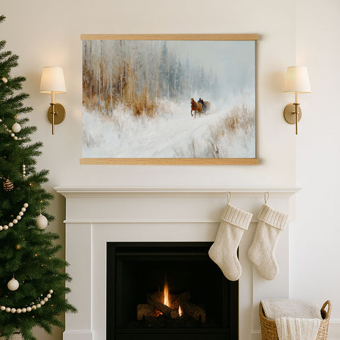 a cozy Christmas scene with a fireplace, a Christmas tree, and a painting of a couple riding a sleigh through a snowy forest.