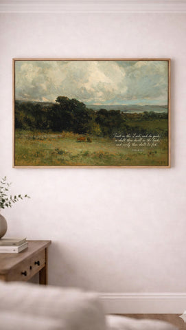 a painting of a pastoral landscape with a cow grazing in the foreground, hanging on a white wall above a wooden table with a plant on it.