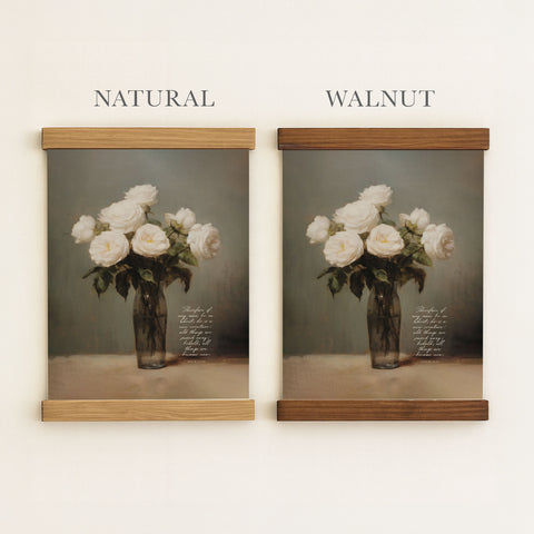 two framed paintings of white roses in a vase, with the text 