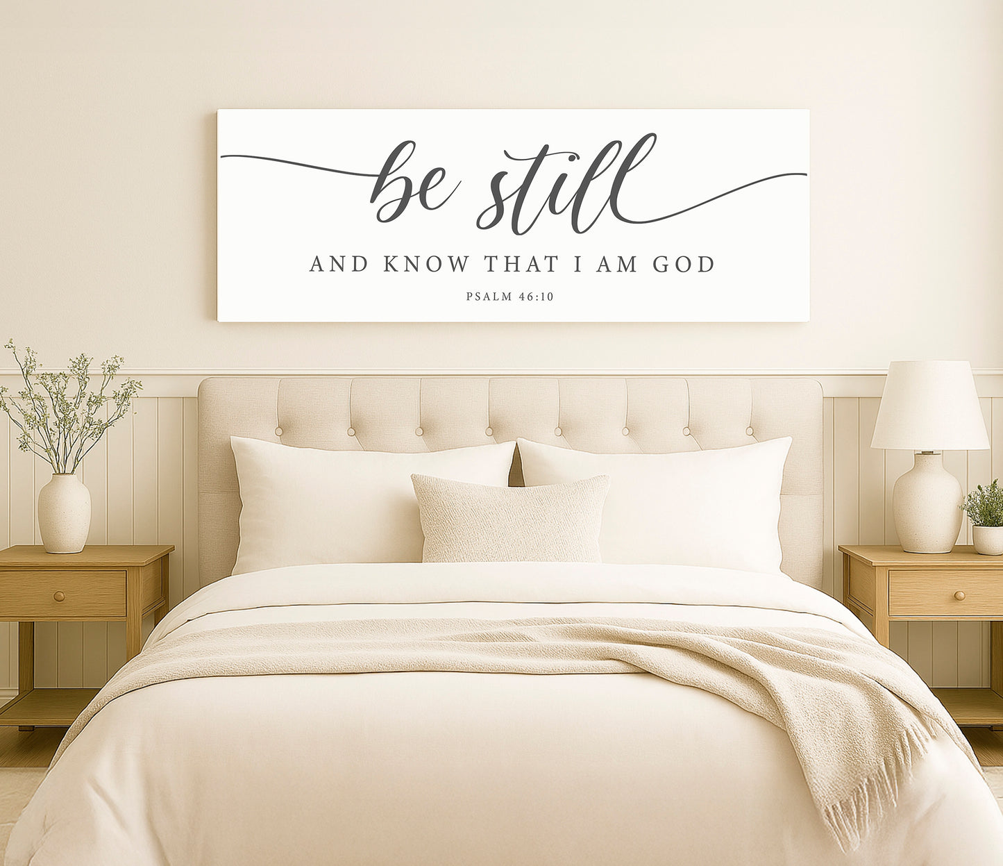 a bed with a white comforter and a black and white sign above it