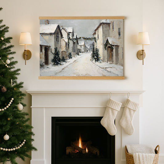 a cozy Christmas scene with a fireplace, a Christmas tree, and a painting of a snowy village hanging above it.