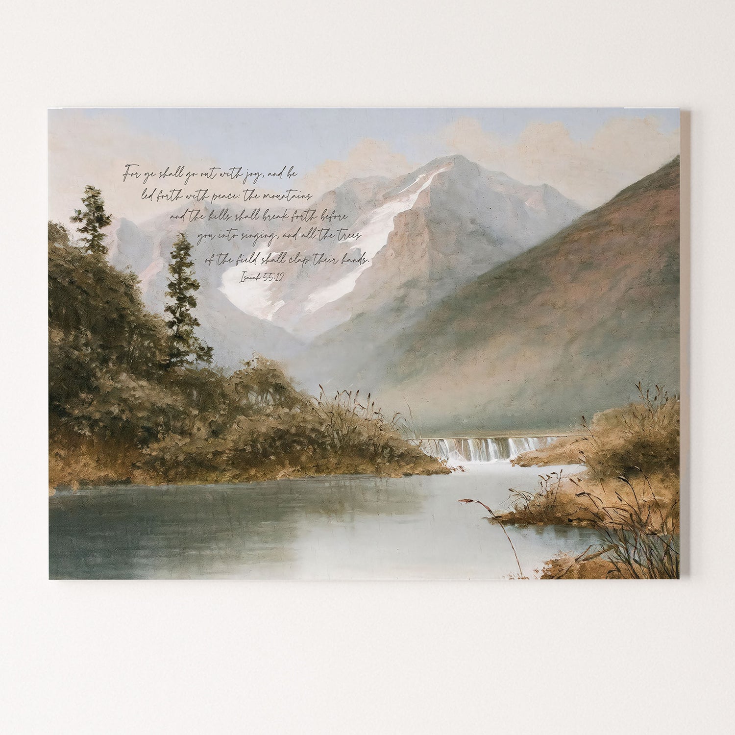 a serene landscape with a mountain range in the background, a calm lake in the foreground, and lush vegetation surrounding the area.