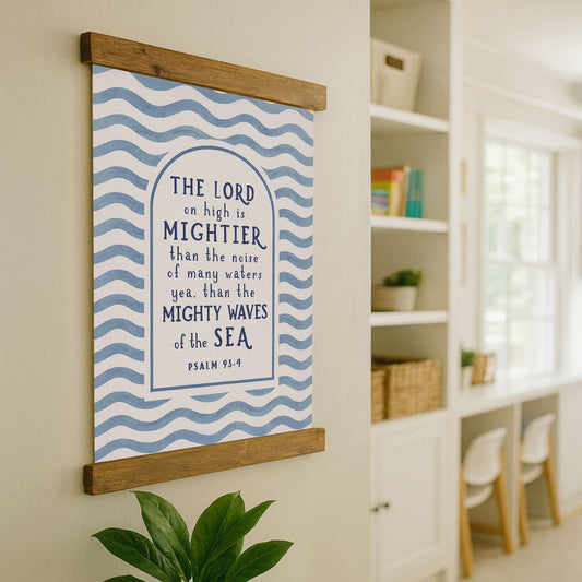 a wall hanging with a blue and white striped pattern, displaying a biblical verse from the book of Psalms.