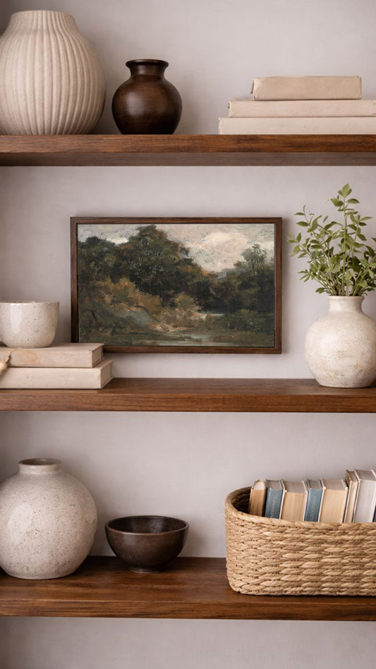 a wooden shelf with various decorative items and books, including a painting, vases, a woven basket, and a stack of books.