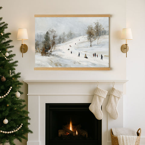 a cozy Christmas scene with a fireplace, a Christmas tree, and a painting of people skiing on a snowy hill.