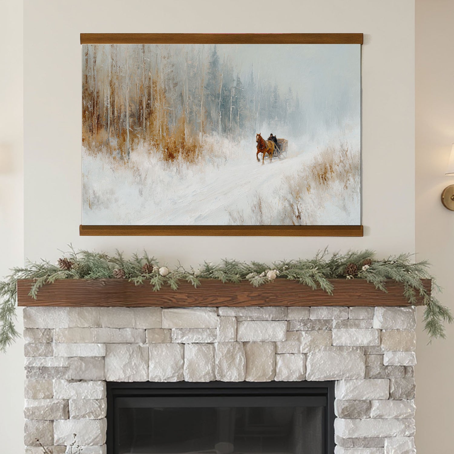 a snowy landscape with a horse-drawn sleigh in the distance, and a fireplace with a wreath on the mantel below.