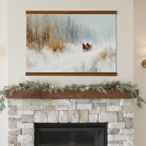a snowy landscape with a horse-drawn sleigh in the distance, and a fireplace with a wreath on the mantel below.