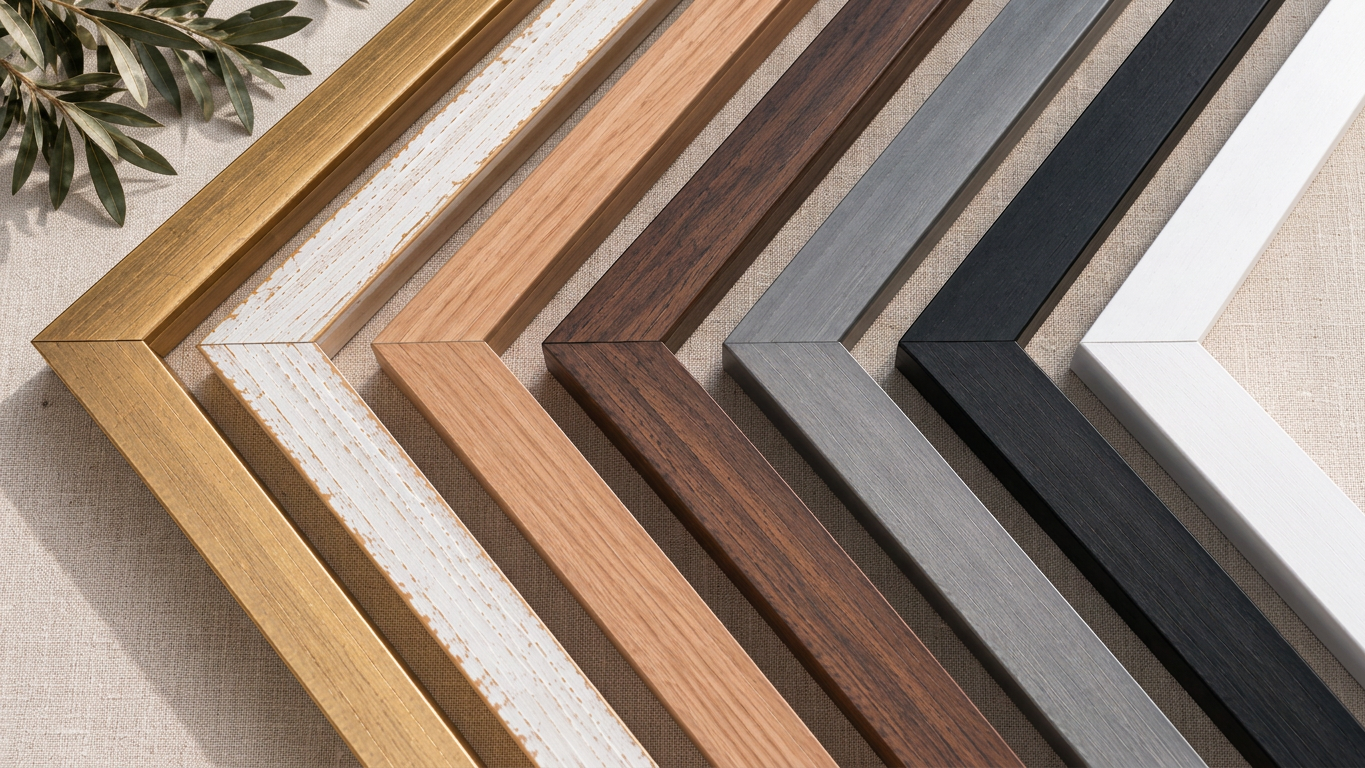 a variety of wooden frames in different colors and finishes, arranged in a visually appealing manner.