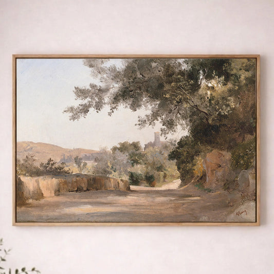 a large landscape painting hanging on a wall, depicting a serene countryside scene with trees, a winding road, and rolling hills.