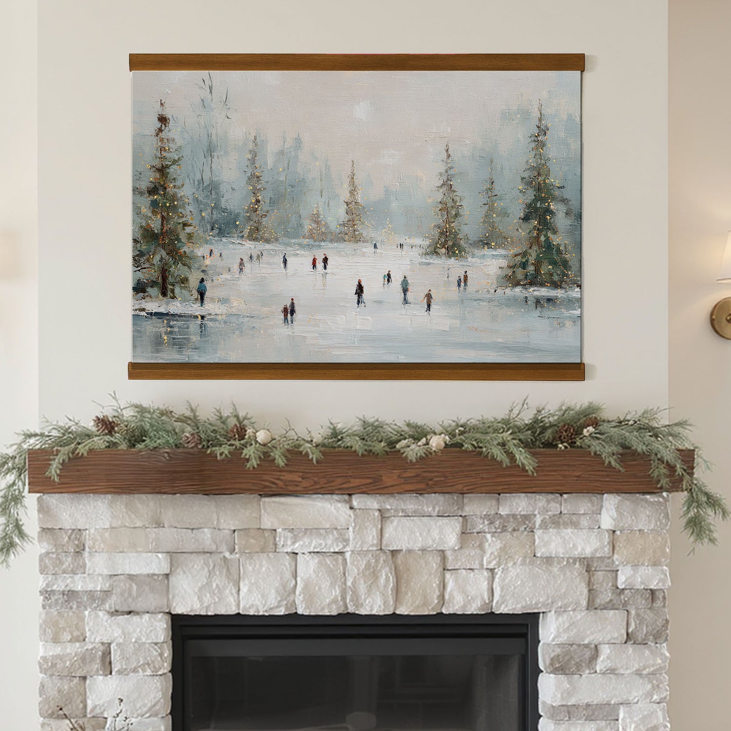 a cozy fireplace with a painting of people ice skating on a frozen lake above it. The painting is framed and hangs on the wall above the fireplace, which is decorated with greenery and pine cones.