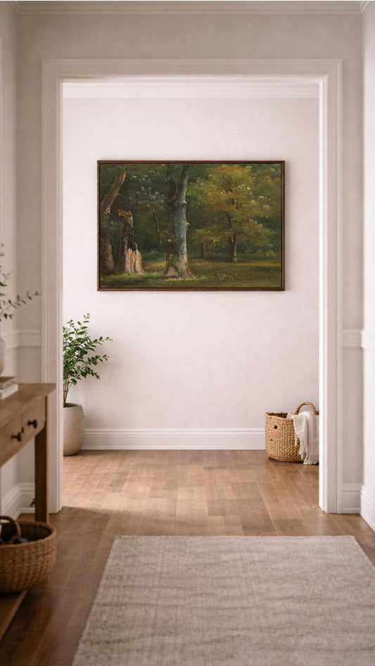 a painting of a forest scene hanging on a white wall in a hallway.