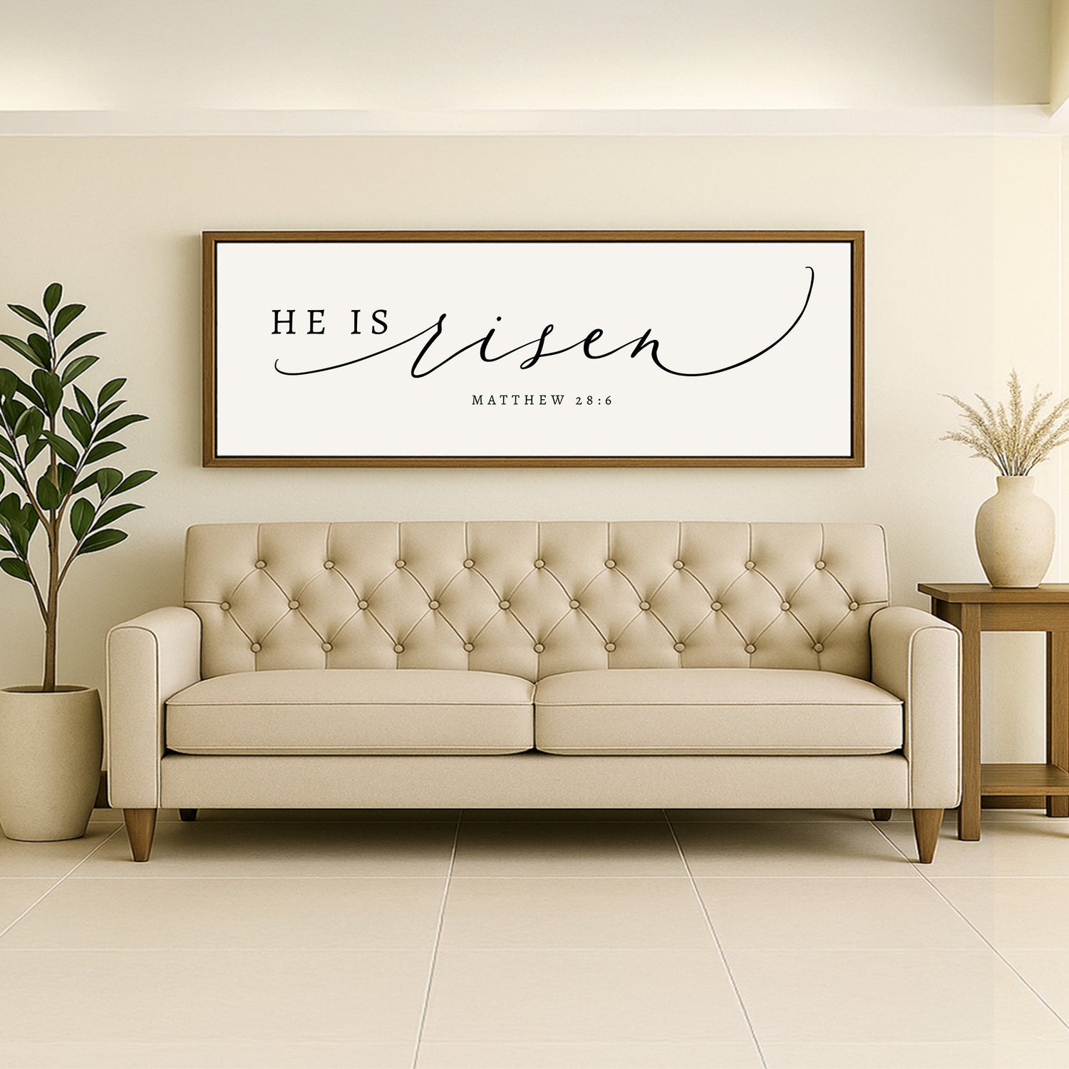 a living room with a couch and potted plant