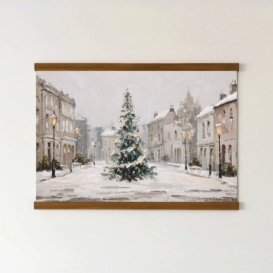 A painting depicting a snowy city street with a large Christmas tree in the center, surrounded by buildings and street lamps.