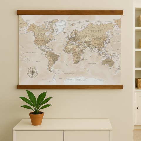 a large world map hanging on a wall, with a potted plant placed on a white cabinet below it.