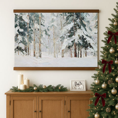 a large painting of a snowy forest hanging on a wall above a wooden cabinet, which is decorated with candles and ornaments.