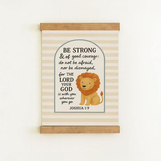 The image is a poster with a lion and a Bible verse, specifically Joshua 1:9.