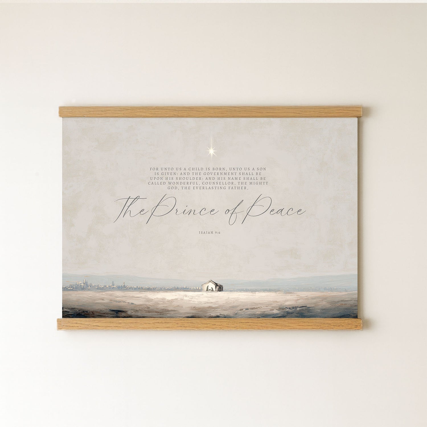 The image is a framed print featuring a serene landscape with a small house in the distance, set against a backdrop of a snowy field and a starry sky.