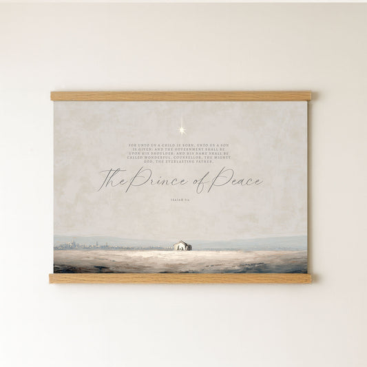 The image is a framed print featuring a serene landscape with a small house in the distance, set against a backdrop of a snowy field and a starry sky.