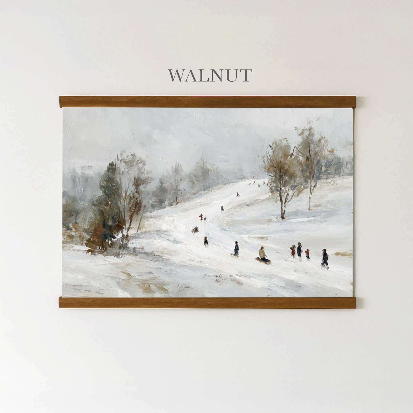 The image is a painting of people skiing down a snowy hill, with a group of people visible in the distance.