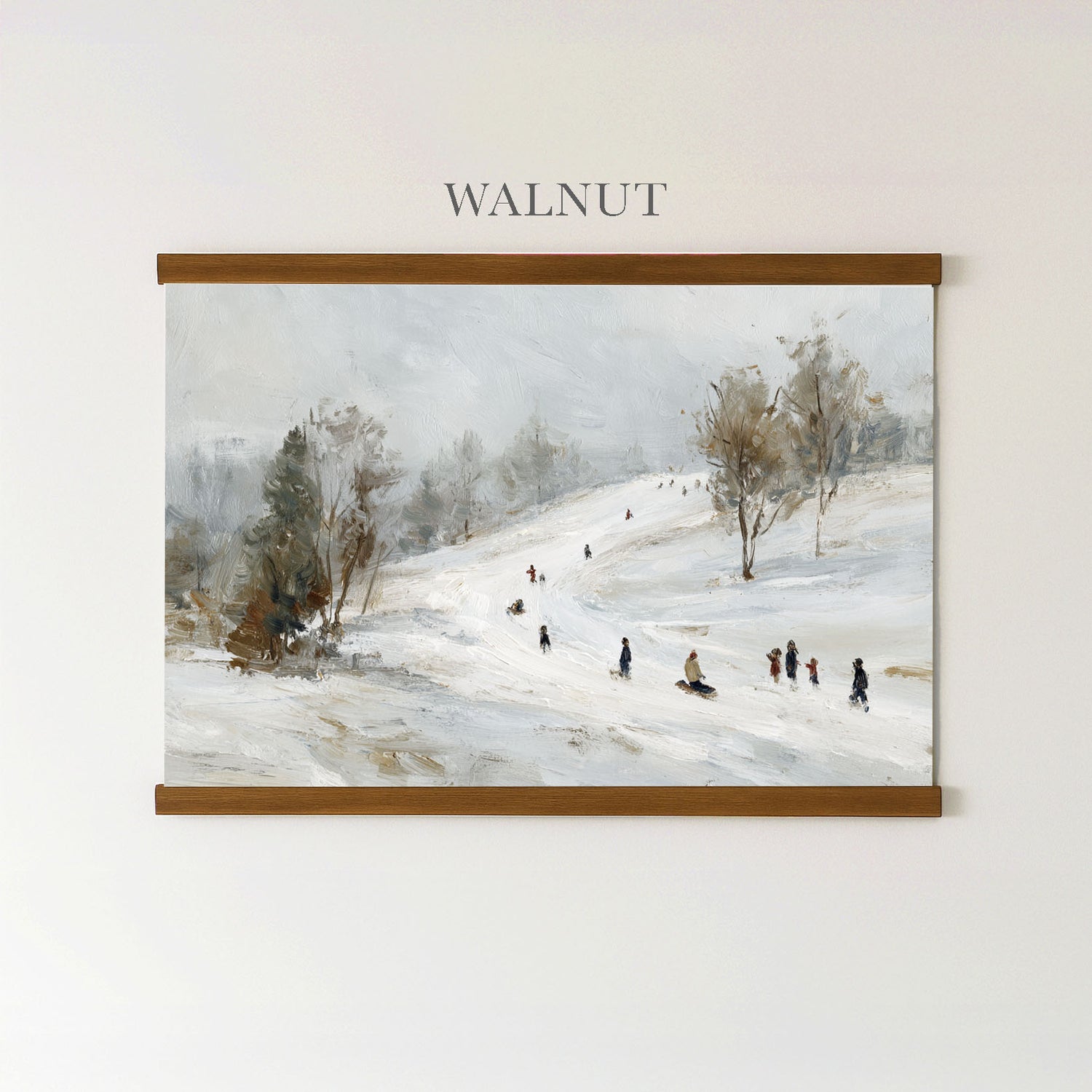 The image is a painting of people skiing down a snowy hill, with a group of people visible in the distance.